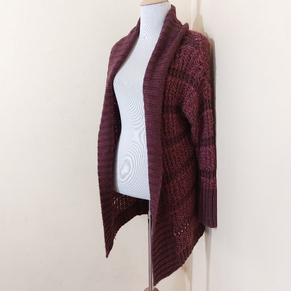 Susina Burgundy Striped Thick Knit Open Front Longline Cardigan Sweater Small - Picture 2 of 13